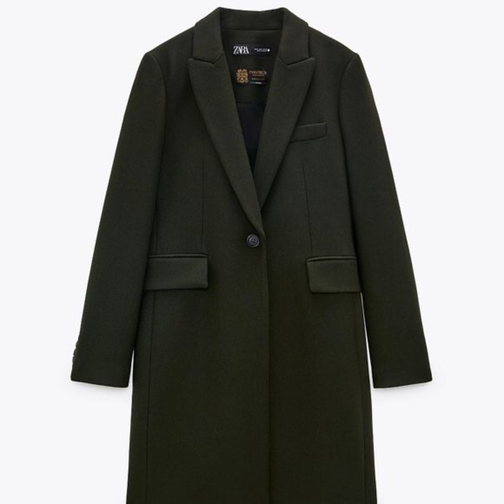 Zara Manteco Italian Wool Blend Olive Green Long Coat Small